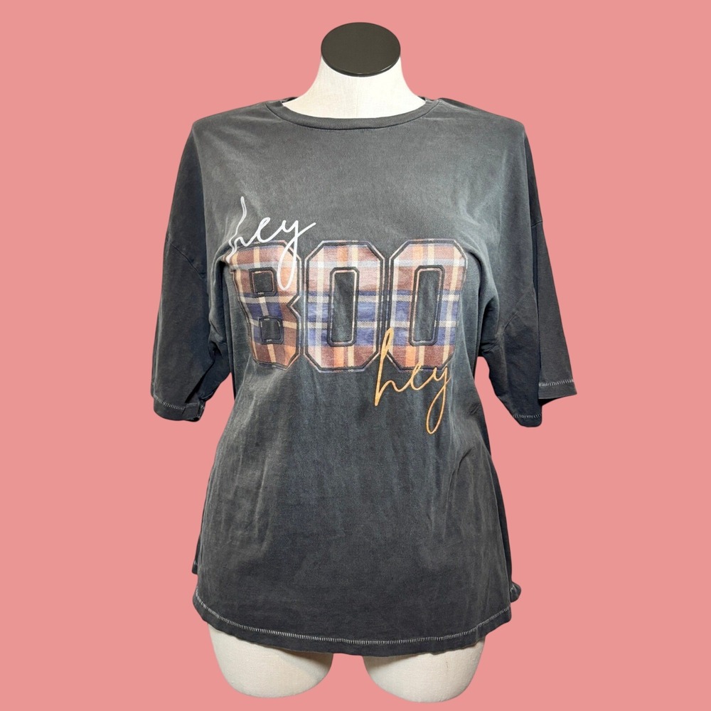 No Boundaries XL Gray Cotton Hey Boo Plaid Halloween Graphic T-Shirt Grunge Goth